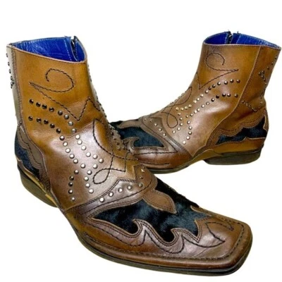 Mark Nason Boots Brown Leather Sz 8 Pony Hair Stud Dragon Charm Square Toe Italy - Image 1 of 4