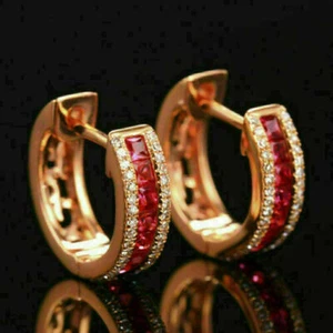 2 Ct Lab Created Red Ruby & Diamond Huggie Hoop Earrings 14K Yellow Gold Plated - Picture 1 of 6