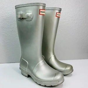 HUNTER Mid-Calf Rubber Rain Boots Silver -Girls 2 - Picture 1 of 8