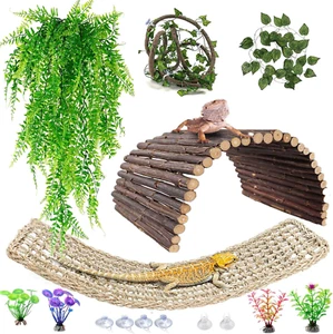 9Pcs Bearded Dragon Tank Accessories, Reptile Mat Hammock Plants Bridge Jungle  - Picture 1 of 12