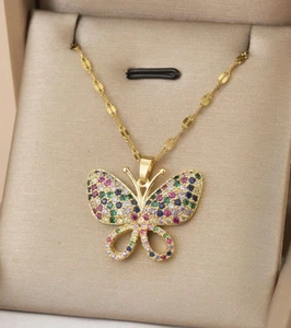 Women's Necklace Butterfly Pendant 18k Gold Plated Stainless Steel Chain Jewelry - Picture 1 of 3