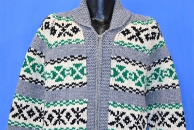vintage 60s COWICHAN GEOMETRIC PATTERN FRONT POCKETS SHAWL NECK ZIPPER SWEATER M - Image 1 of 3