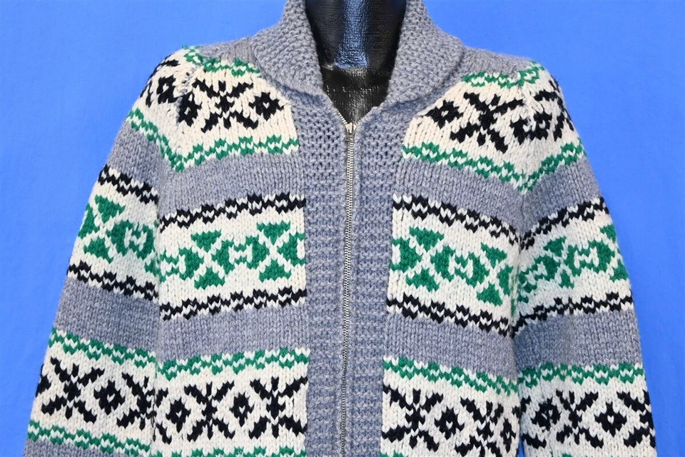 Suéter vintage años 60 COWICHAN PATRÓN GEOMÉTRICO BOLSILLOS DELANTEROS CHAL CUELLO CREMALLERA M Foto 1 de 3