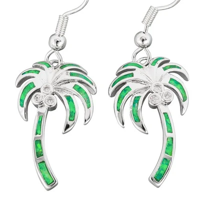 Pendientes colgantes de plata circonita cúbica ópalo de fuego verde kiwi palmera Foto 1 de 4