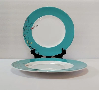Lenox Dinner Plates 11 Inch Chirp Simply Fine Turquoise Blue Band Flowers Set 2 - Image 1 of 4