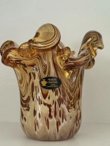 MURANO WHITE CRYSTAL AMBER FLAME SLAG HAND BLOWN ART GLASS CUTOUTS VASE LABELS - Picture 1 of 15