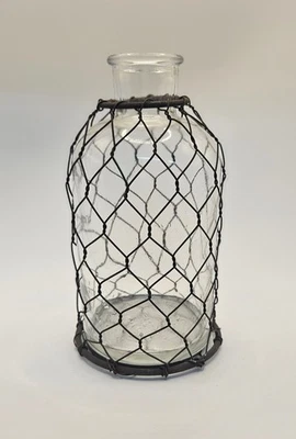 Vidrio transparente Appx. Lindo jarrón estilo granja botella de 6 1/2" de alto con alambre de pollo Foto 1 de 4