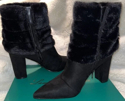 Lauren Lorraine Style Anaka Black Faux Fur Suede Ankle Bootie Sz 9.5 NIB￼ - Image 1 of 4