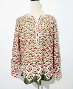 Talbots Women’s Medium Floral Boho Peasant Blouse 100% Cotton Pink Green Long... - Picture 1 of 12