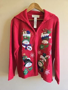 Damen Vintage Tiara International Weihnachten rot Reißverschluss Schneemänner Strick Cardigan Gr. XL - Bild 1 von 10