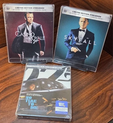 Casino Royale + Skyfall + No Time to Die 4K Steelbooks -NEW-w/PROTECTIVE SLEEVES - Image 1 of 4
