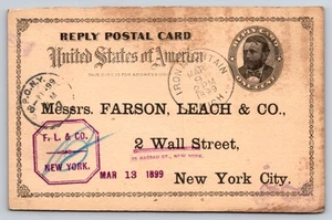 Tarjeta postal de respuesta de 1899 - Farson Leach Wall St NY - Iron Mountain Michigan - Imagen 1 de 2