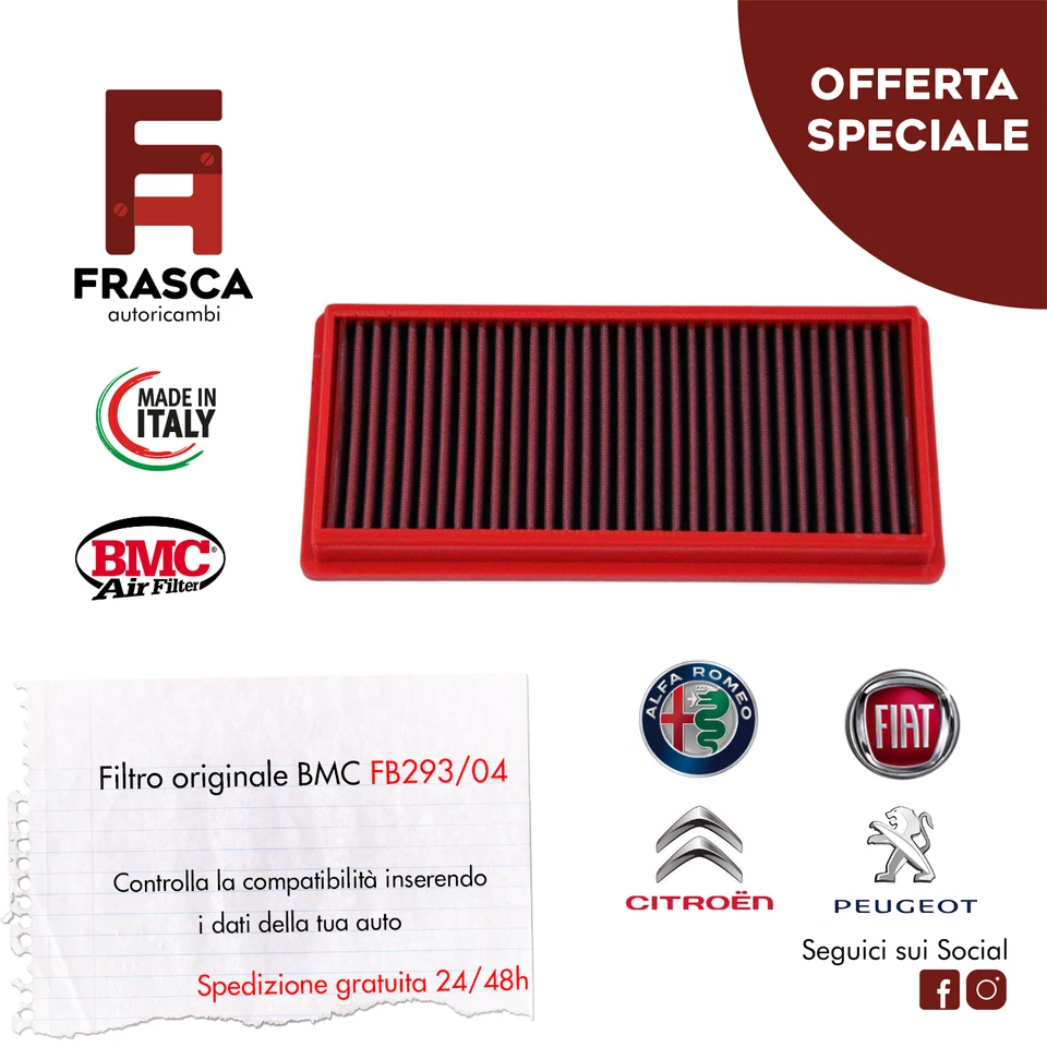 BMC AIR FILTER Filtro Aria Sportivo BMC Originale FB293/04 Fiat Panda II 169 1.4 100 Hp Cv 06->