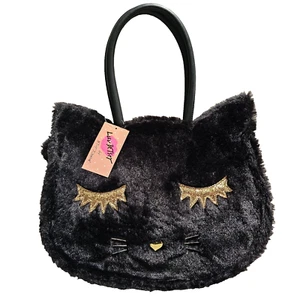 Luv Betsey Johnson Halloween Tote Bag Faux Furry Black Cat Double Strap NEW - Picture 1 of 11