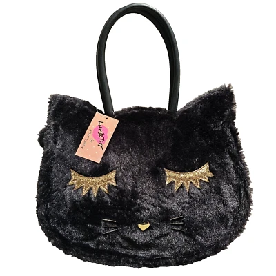 Luv Betsey Johnson 万圣节托特包 人造毛茸 黑色 猫 双肩带 全新  — 第 1/4 张图片