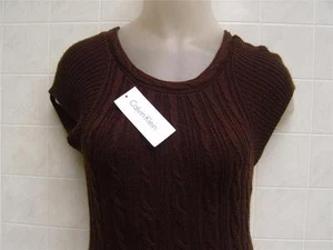 Calvin Klein Damen Wolle XS 99 $ Pulloverkleid Zopfmuster U-Ausschnitt Kappe ärmellos braun - Bild 1 von 5