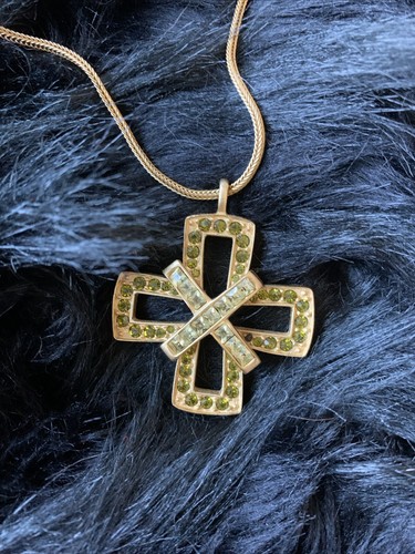 Givenchy Collana Vintage Cristallo Croce Ciondolo Oro Spazzolato Verde Firmata