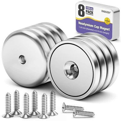 BRANDED 8Pack Neodymium round Base Cup Magnet 100LBS Strong Rare Earth Magnet Heavy Duty