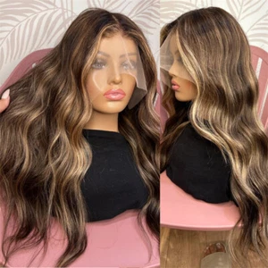 100% Human Hair Brown Caramel Blonde Wavy Wigs 13x4 Lace Front Wigs 180% Density - Picture 1 of 7