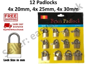 12 PACK OF 20, 25, 30mm BRASS PADLOCKS MINI PADLOCK SECURITY LOCKER with 2 KEYS - Picture 1 of 4