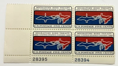 US Scott #1306, Plate Block #28395/28396 1966 Bird Treaty 5c MNH Lower Left - Image 1 of 2