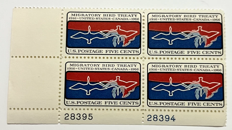 US Scott #1306, Plate Block #28395/28396 1966 Bird Treaty 5c MNH Lower Left - Image 1 of 2