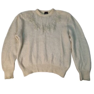 Vintage Cream Wool Knit Jumper Fits M-L Long Sleeve With Floral Design EUC - Picture 1 of 7