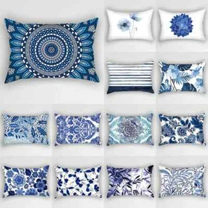 Blue Ins Polyester Pillow Cover Ink Floral Leaves Pillow Case Flower Stripe Prin - Picture 1 of 38