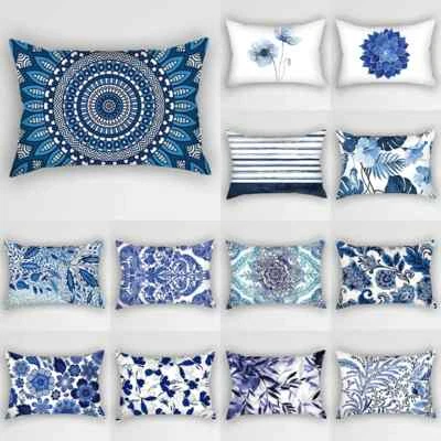 Blue Ins Polyester Pillow Cover Ink Floral Leaves Pillow Case Flower Stripe Prin - Image 1 of 4