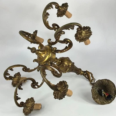 Antique French Extra Large 6 Arm Ornate Heavy Brass Electric Ceiling Light - Image 1 of 4