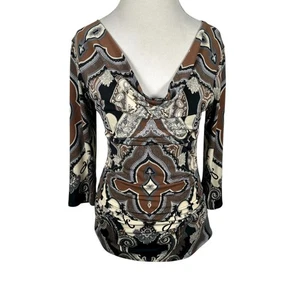 Eva Varro Black & Brown Paisley Print Top Cowl Neck Slim Fit Chic Jersey Size S - Picture 1 of 9