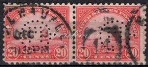 Perfins USA 1923, Sc567 2x 20c Golden Gate Bridge. Used GE Phoenix - Picture 1 of 3