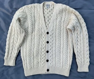 VTG LL Bean Wool Irish Fishermans Cable Knit Cardigan Sweater Cream Mens Med EXC - Picture 1 of 7