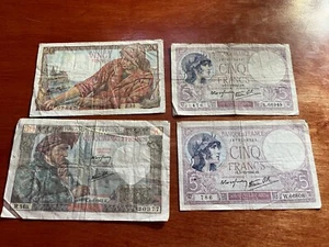 France Currency: 1940, 1942 (2) 5 Francs 20 Francs 50 Francs WWII - Picture 1 of 10