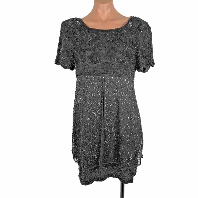 复古 Laurence Kazar PROM Vegas 真丝亮片串珠 COCKTAIL 连衣裙 Petite M 覆盖 — 第 1/4 张图片