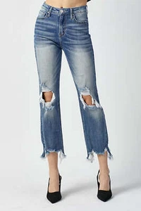 RISEN High Waist Distressed Frayed Hem Cropped Straight Jeans - Picture 1 of 7