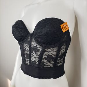 Vintage NWT 1990's Strapless Corset Bustier Size 32B Low Back Push-Up Black Lace