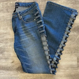 Pantalones de mezclilla con diseño de motociclista para mujer talla 9 pedrería lavados oscuros lados abiertos sexy rockero - Imagen 1 de 12