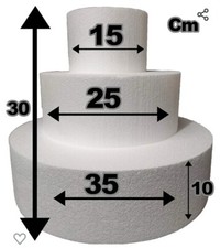 Set 3 Piani Polistirolo, Disco Polistirolo Rotondo Ø 15-25-35 H 10 cm per Torte