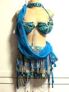 8-teiliges exotisches Burlesque Vegas Show Bauchtanzkostüm zum Binden türkis blau - Bild 1 von 23