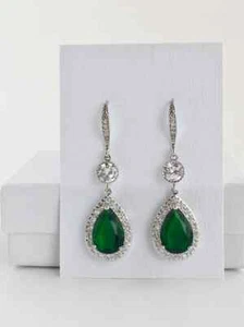 Simulated 5.50TCW Pear Emerald & Round Sapphire Drop Dangle Hook Woman Earrings - Picture 1 of 8