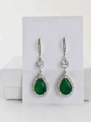 Simulated 5.50TCW Pear Emerald & Round Sapphire Drop Dangle Hook Woman Earrings - Image 1 of 4