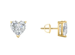 3 Ct Heart Shape Created Diamond Real 14K Yellow Gold Earrings Studs Screw Back - Picture 1 of 3