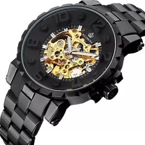 Cool Men's Steampunk Self-wind Skeleton Automatic Mechanical Watch Full Black - Picture 1 of 6