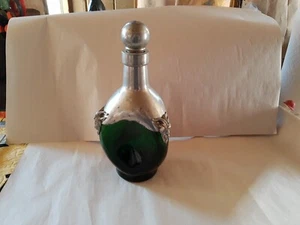French France Green Glass Goats Pewter Carafe Decanter Bottle Cork Stopper Vtg - Picture 1 of 19