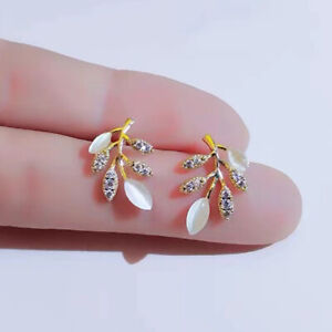 Silver Opal Crystal Leaf Gold Earring Ear Stud Women Elegant Jewelry Gifts