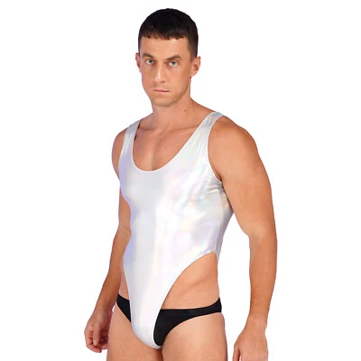 Мужской блестящий металлический купальник высокого покроя стринги трико купальный костюм глянцевые боди - Изображение 1 из 3