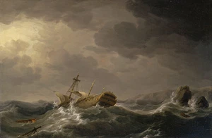 Ship Wrecked on a Rocky Coast by Charles Brooking 75cm x 49cm Canvas Print - Picture 1 of 1