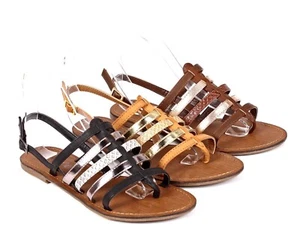 3 Farben modische schmale Weite Slingback Gladiator T-Riemen Damen Sandalen flache Schuhe - Bild 1 von 21