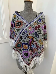 Vintage Women’s Handmade Mexican Cross Stitch Cape Poncho Peacock Floral - Bild 1 von 15